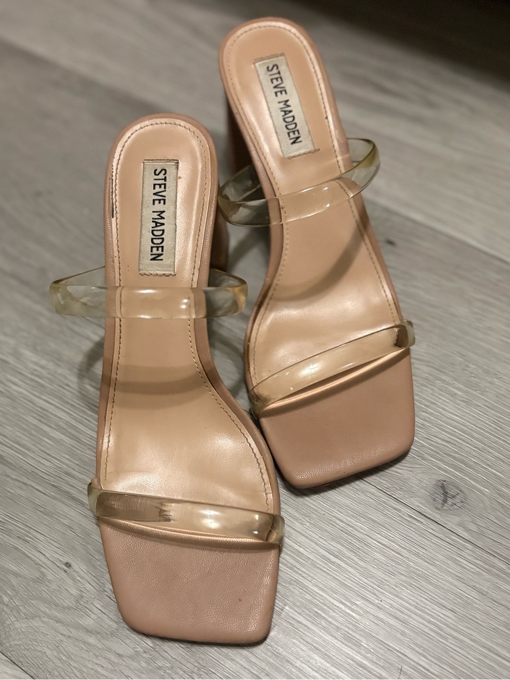 Steve Madden Nude Square-Toe Clear-Strap Heels